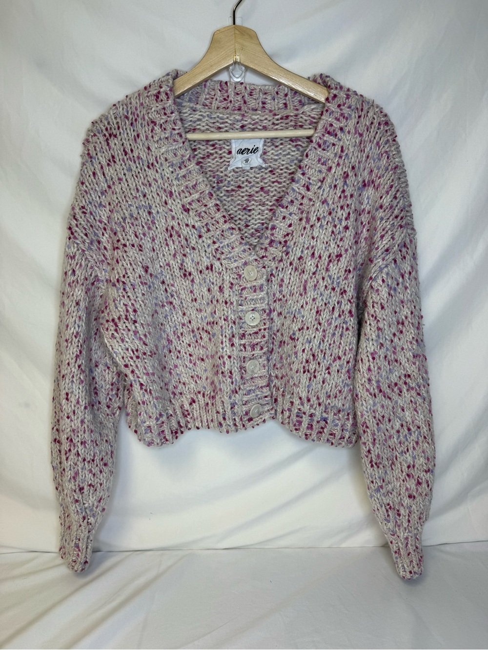 aerie Cream and Pink Speckled Button-Front Cropped Cardigan